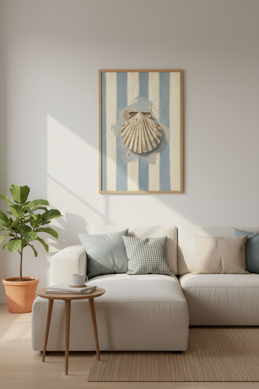 Scallop Shell | Coastal Blue &amp; Cream Striped, Beach House Bathroom Wall Art
