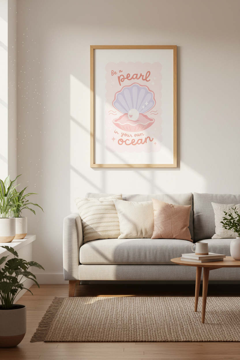 Seashell Pearl Wall Art | Pastel Pink Coquette Decor | Inspirational Quote Poster