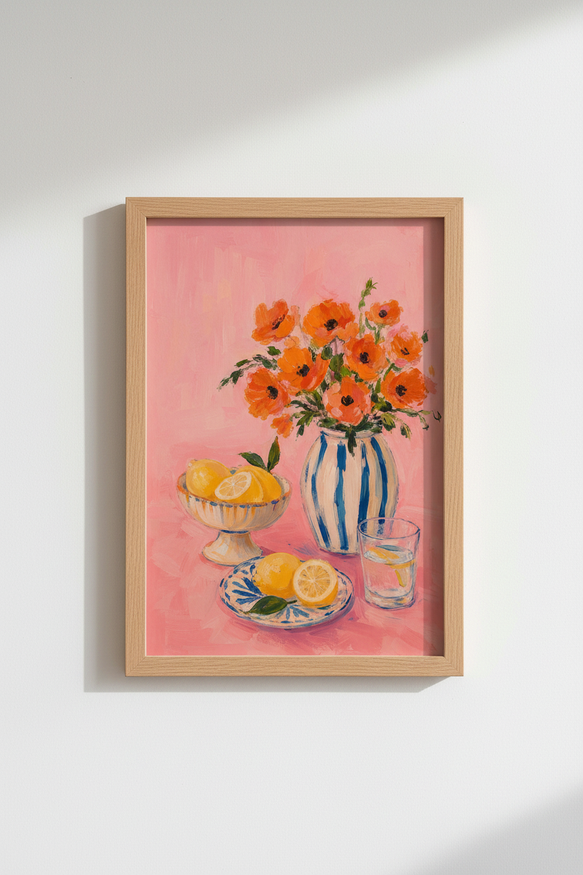 Colorful Floral Oil Painting | Poppy and Lemon Still Life, Bright Kitchen Wall Art