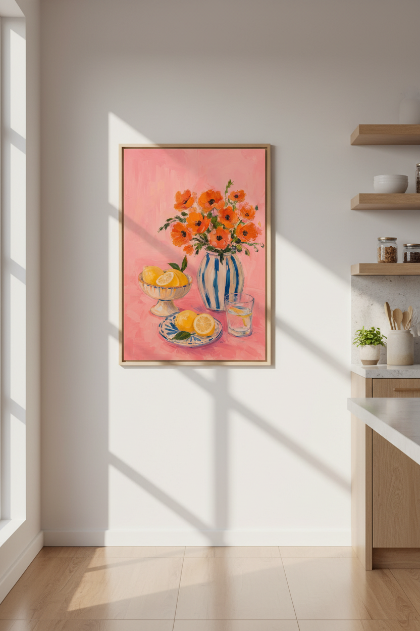 Colorful Floral Oil Painting | Poppy and Lemon Still Life, Bright Kitchen Wall Art