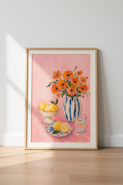 Colorful Floral Oil Painting | Poppy and Lemon Still Life, Bright Kitchen Wall Art