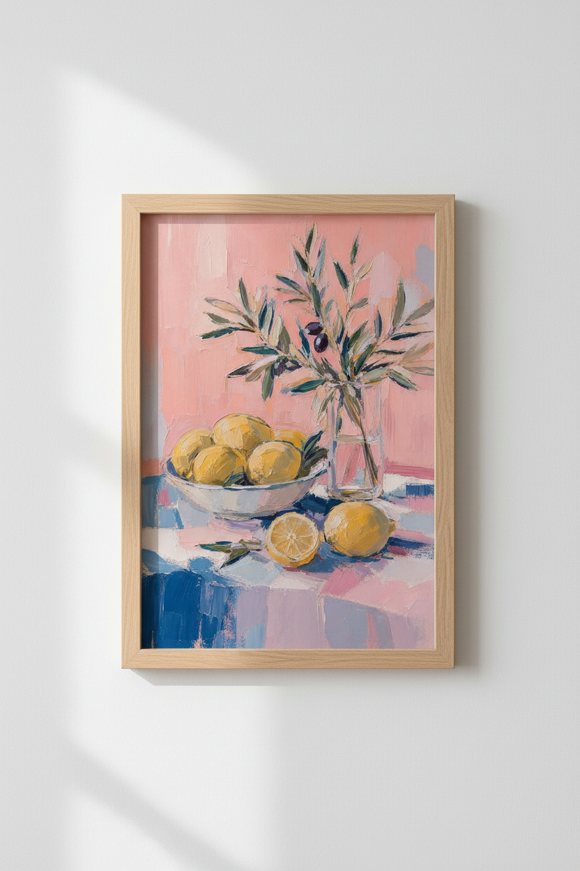 Citrus Fruit Wall Art | Lemon &amp; Olive Oil Painting, Pink Kitchen Decor Poster