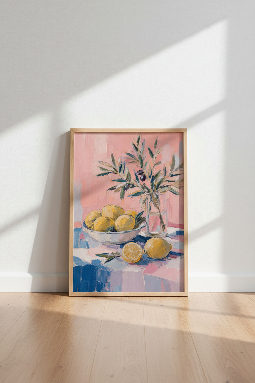 Citrus Fruit Wall Art | Lemon &amp; Olive Oil Painting, Pink Kitchen Decor Poster