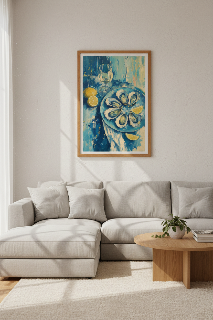 Oysters &amp; White Wine Wall Art | Blue Coastal Kitchen Decor | Impressionist Foodie Poster