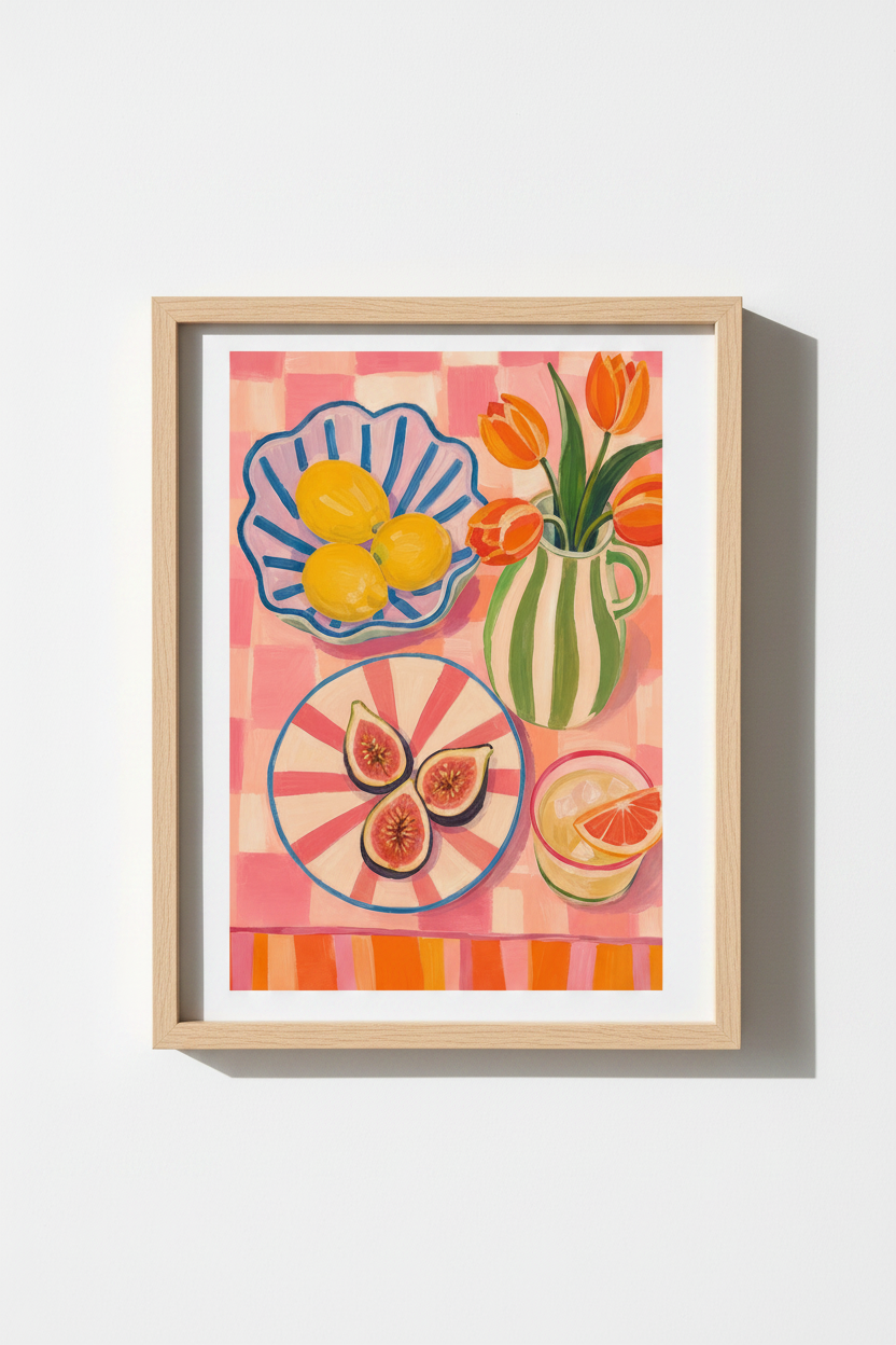 Danish Pastel Wall Print | Pink Checkered Still Life, Colorful Kitchen Decor Poster