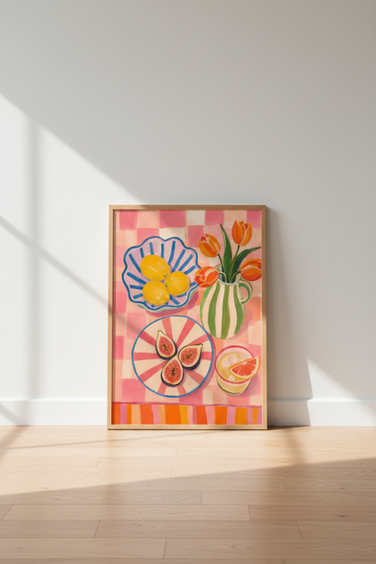 Danish Pastel Wall Print | Pink Checkered Still Life, Colorful Kitchen Decor Poster