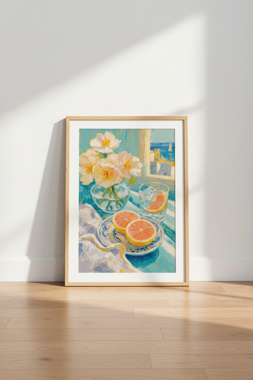 Grapefruit &amp; Peonies Oil Painting | Coastal Summer Decor, Kitchen Wall Art