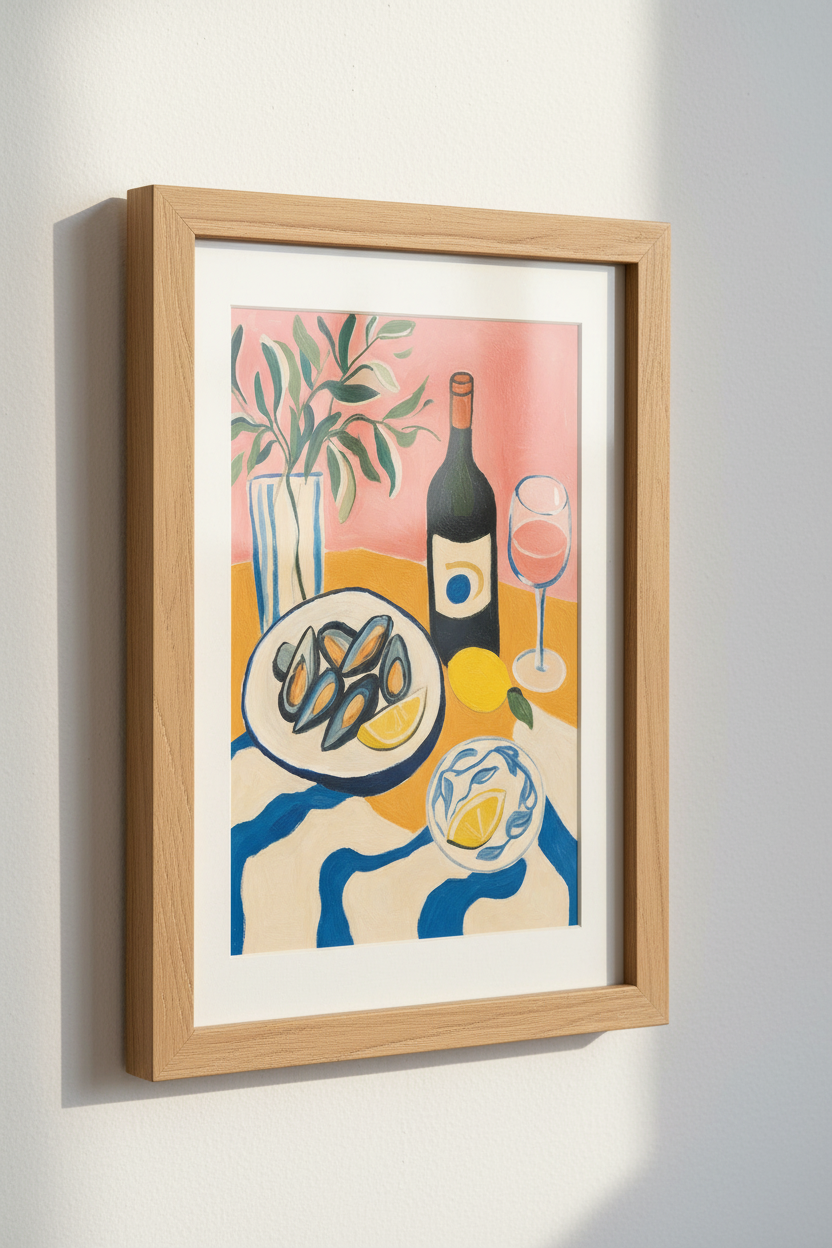 Mussels and Wine Still Life | Colorful Mediterranean Art, Kitchen Cafe Decor