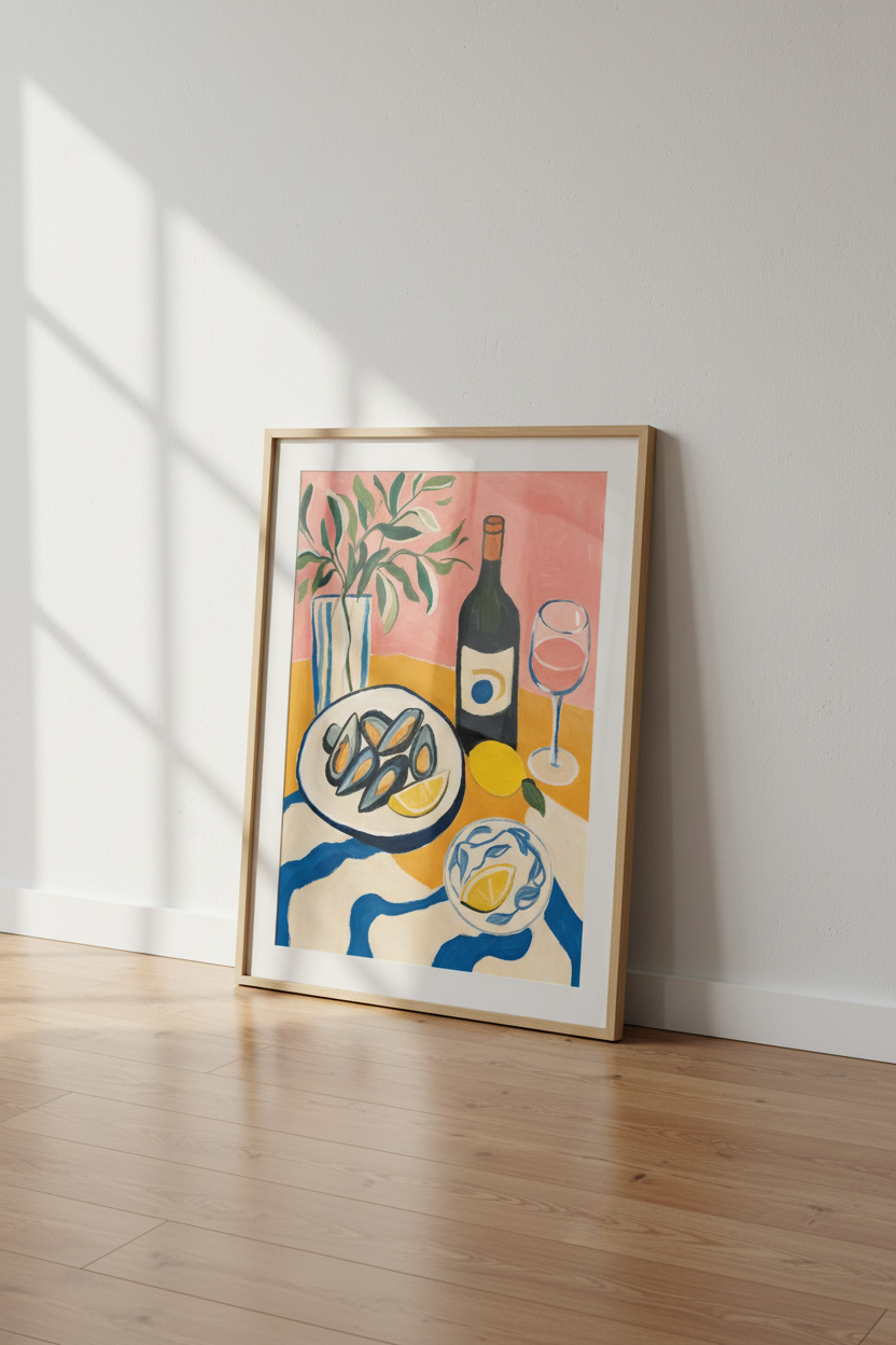 Mussels and Wine Still Life | Colorful Mediterranean Art, Kitchen Cafe Decor