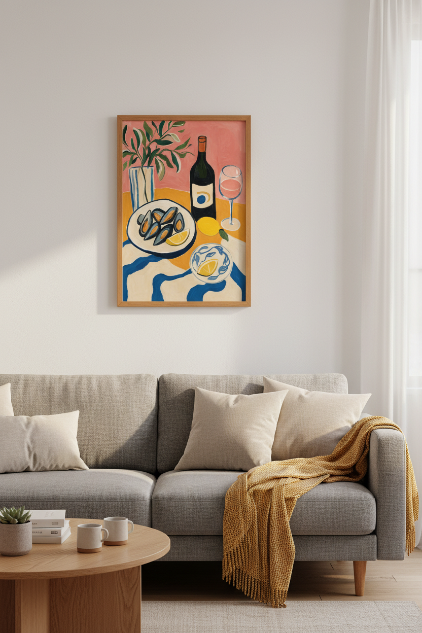 Mussels and Wine Still Life | Colorful Mediterranean Art, Kitchen Cafe Decor