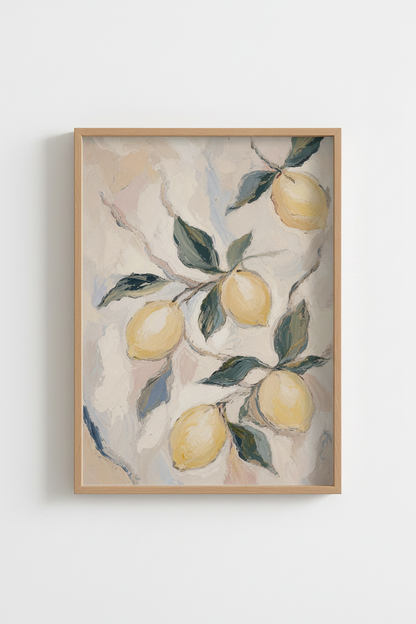 Citrus Lemon Wall Art Print | Mediterranean Kitchen Decor | Textured Oil Style Poster