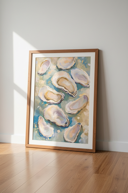Oyster Shell Wall Art | Impressionist Coastal Gold Poster, Beach House Decor