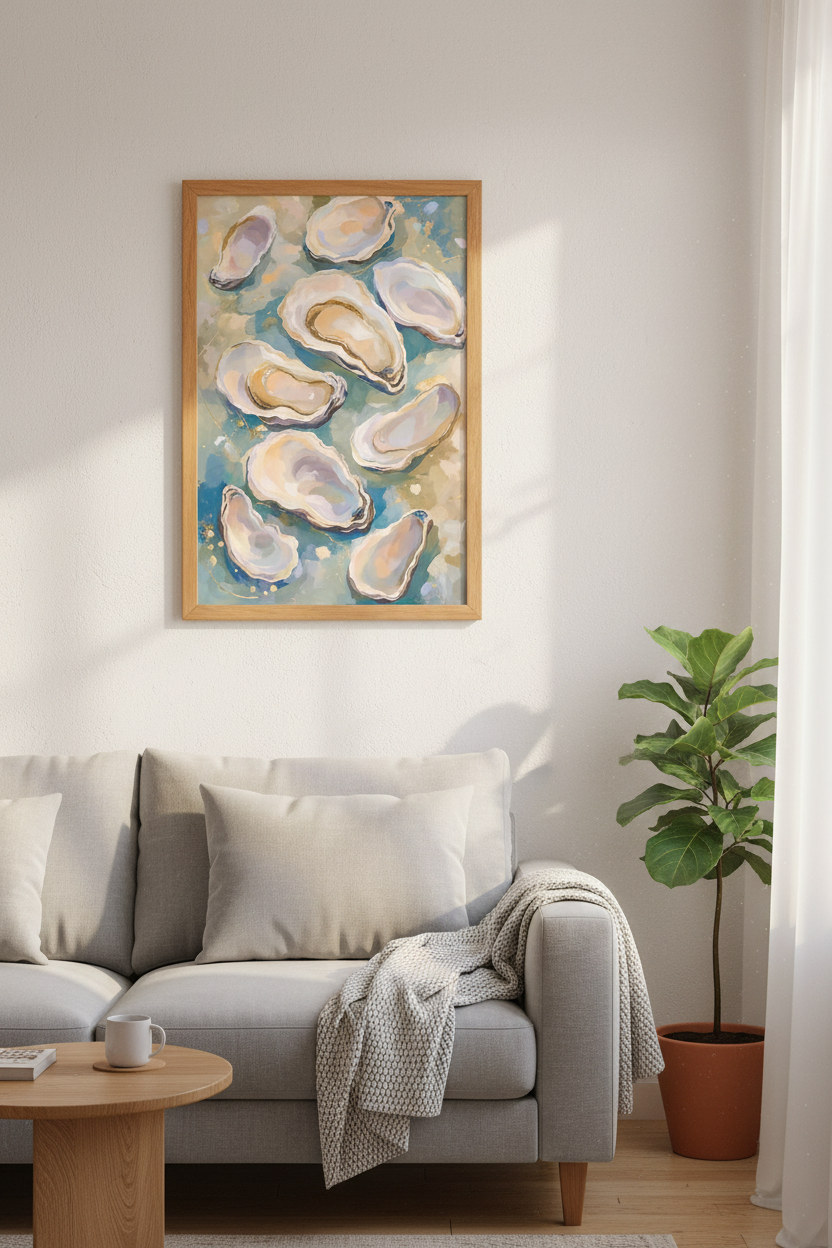 Oyster Shell Wall Art | Impressionist Coastal Gold Poster, Beach House Decor