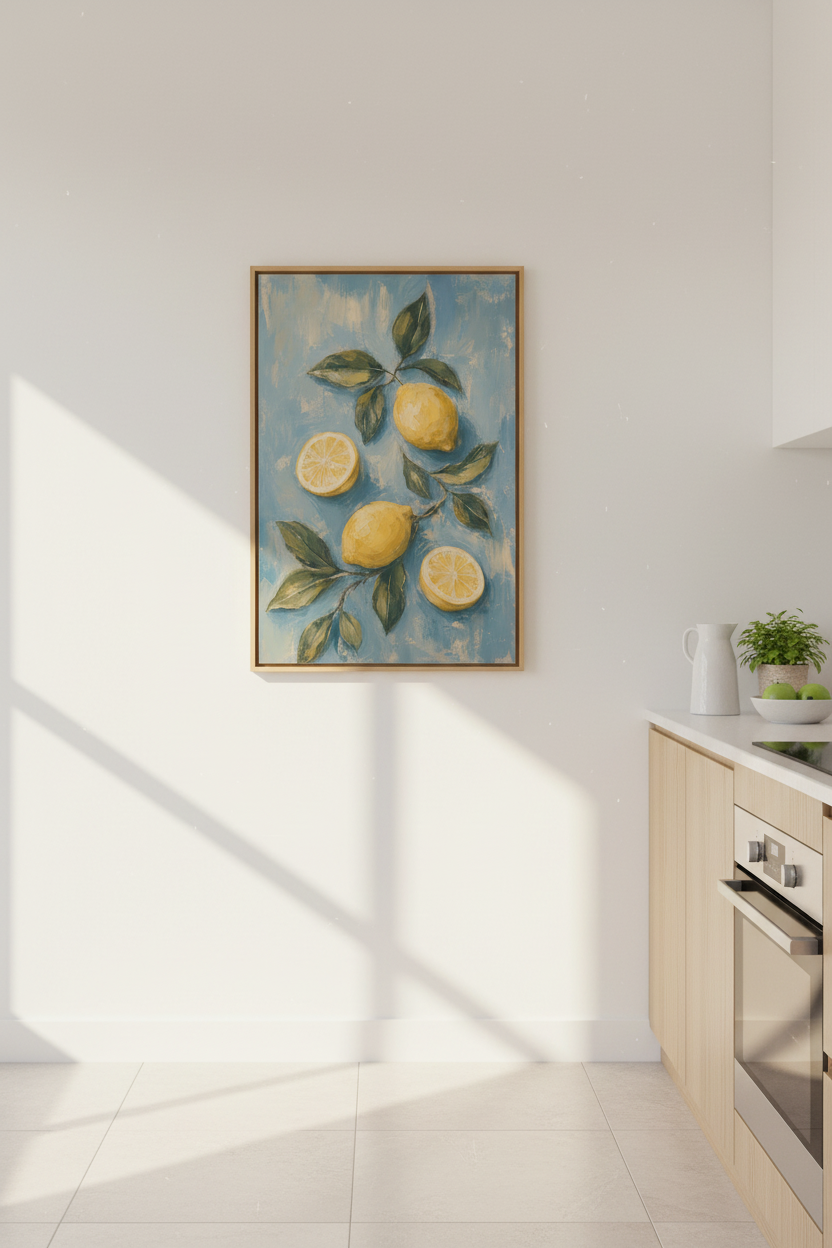 Lemon Oil Painting Print | Mediterranean Citrus Kitchen Art, Blue Background Poster