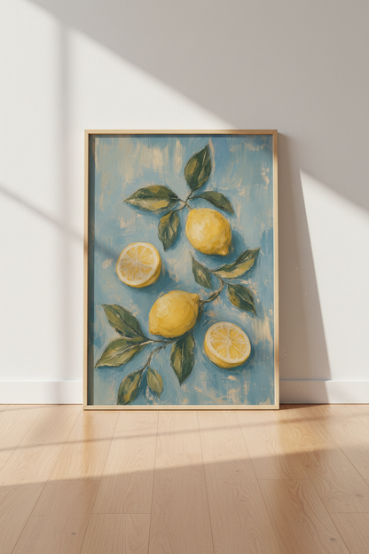Lemon Oil Painting Print | Mediterranean Citrus Kitchen Art, Blue Background Poster