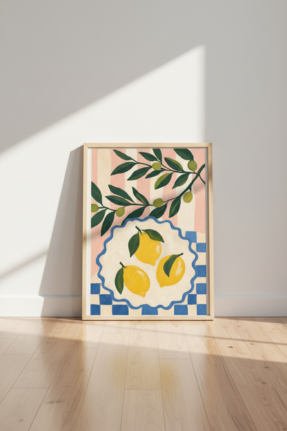 Lemon &amp; Olive Branch Wall Art | Mediterranean Kitchen Decor | Pink &amp; Blue Poster