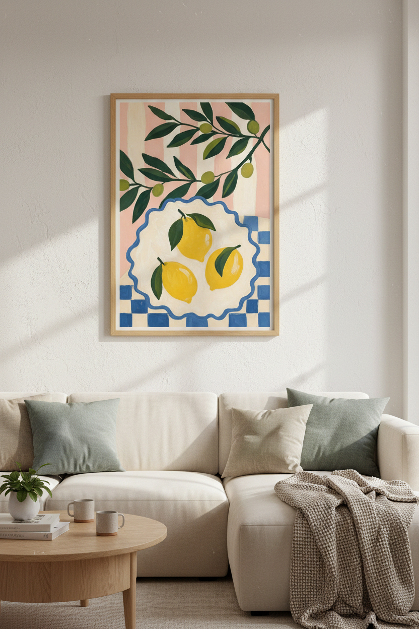 Lemon &amp; Olive Branch Wall Art | Mediterranean Kitchen Decor | Pink &amp; Blue Poster
