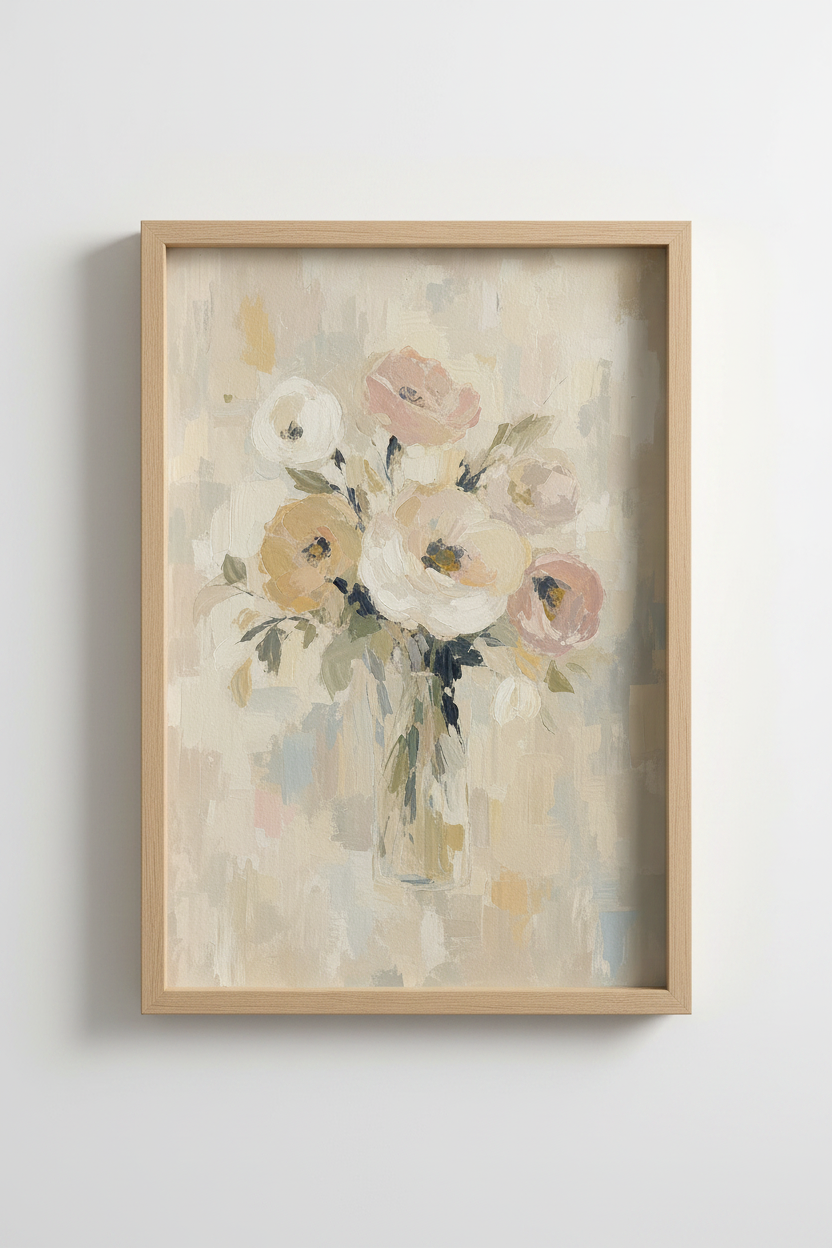 Neutral Floral Wall Art | Abstract Flower Oil Painting, Muted Pink Cream Decor