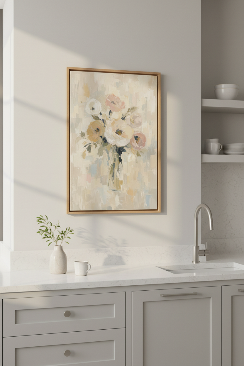 Neutral Floral Wall Art | Abstract Flower Oil Painting, Muted Pink Cream Decor