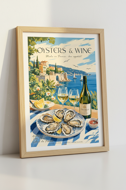 Oysters and Wine Travel Poster | French Coastal Wall Art, Kitchen Decor