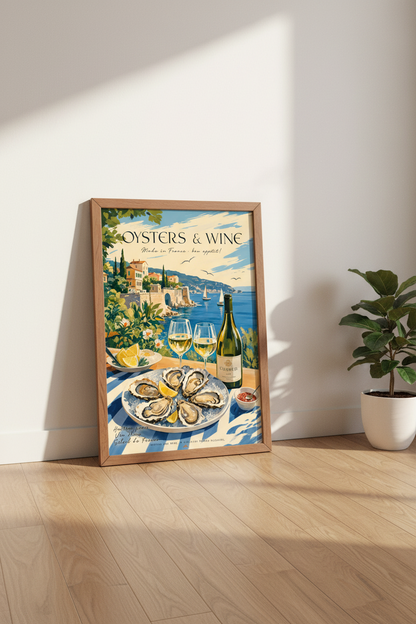 Oysters and Wine Travel Poster | French Coastal Wall Art, Kitchen Decor