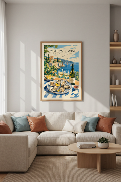 Oysters and Wine Travel Poster | French Coastal Wall Art, Kitchen Decor