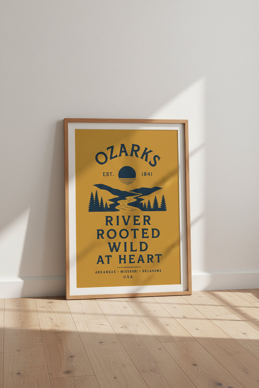 Ozarks River Rooted Wall Art | Retro Navy &amp; Gold Print, Cabin Decor