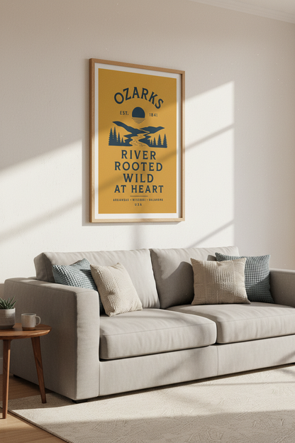 Ozarks River Rooted Wall Art | Retro Navy &amp; Gold Print, Cabin Decor
