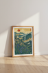 Japanese Landscape Art | Gold & Teal Waterfall, Zen Living Room Home Decor Poster