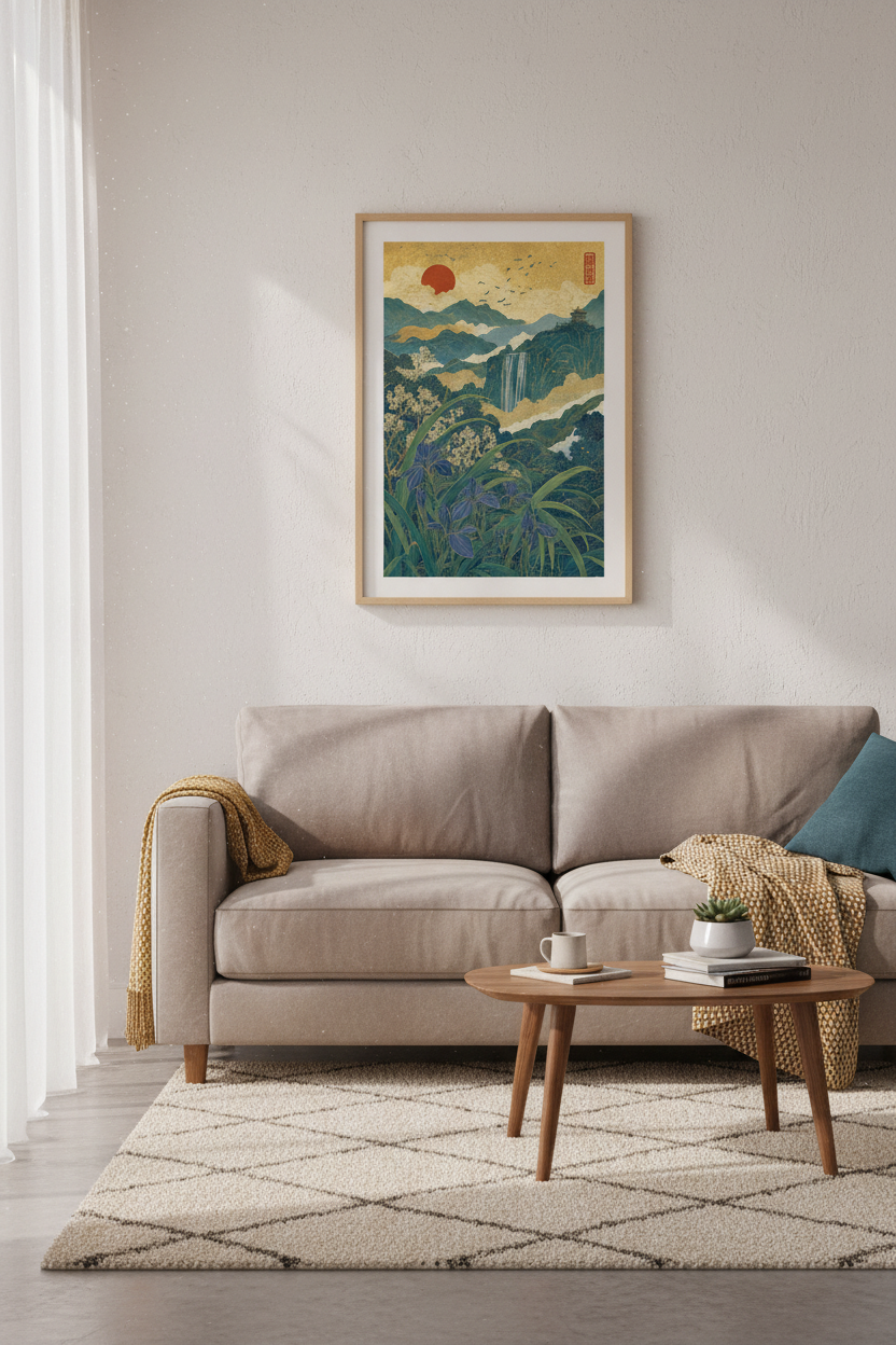 Japanese Landscape Art | Gold &amp; Teal Waterfall, Zen Living Room Home Decor Poster