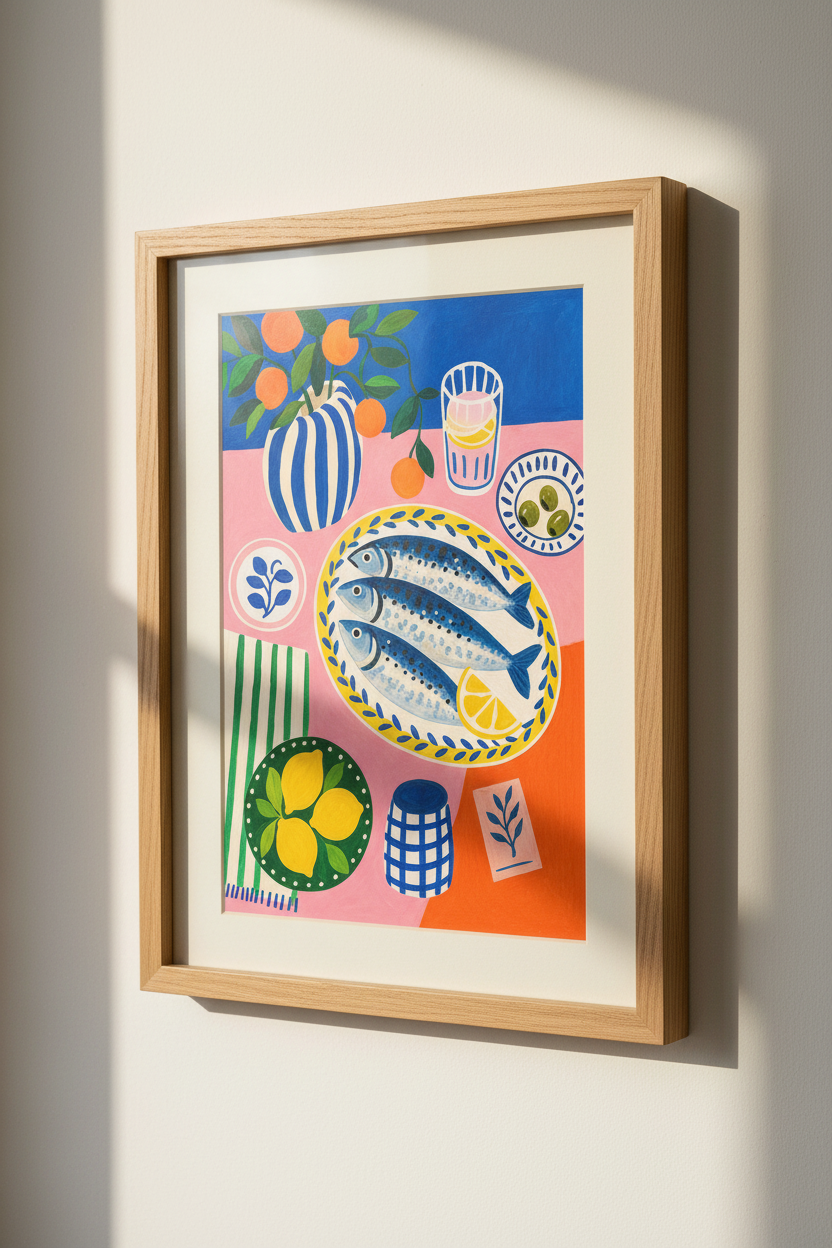 Sardine Still Life Wall Art | Mediterranean Kitchen Decor | Colorful Food Poster