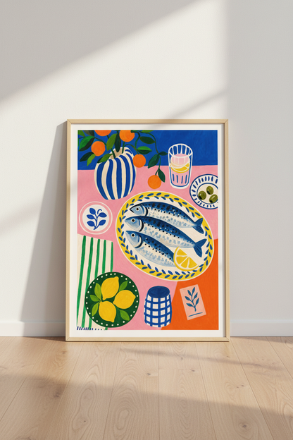 Sardine Still Life Wall Art | Mediterranean Kitchen Decor | Colorful Food Poster