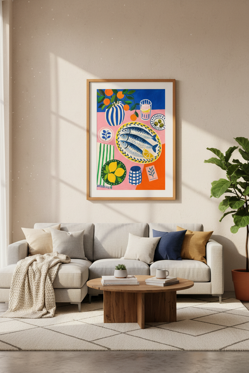 Sardine Still Life Wall Art | Mediterranean Kitchen Decor | Colorful Food Poster