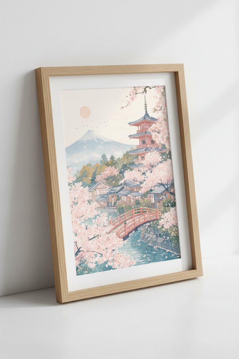 Japanese Cherry Blossom Mount Fuji Print | Zen Landscape Poster | Pastel Asian Wall Art