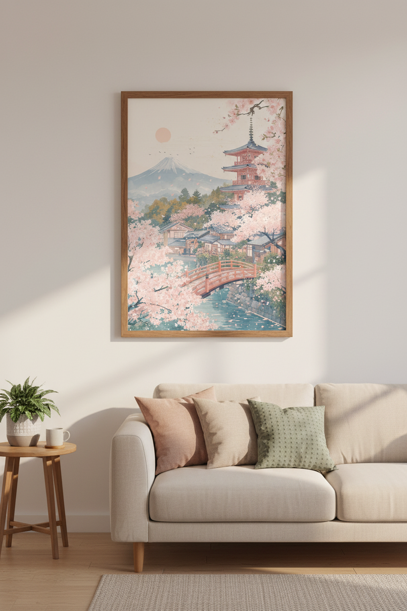 Japanese Cherry Blossom Mount Fuji Print | Zen Landscape Poster | Pastel Asian Wall Art