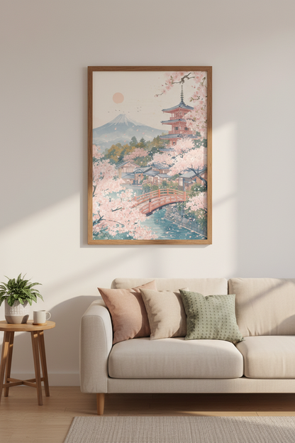 Japanese Cherry Blossom Mount Fuji Print | Zen Landscape Poster | Pastel Asian Wall Art