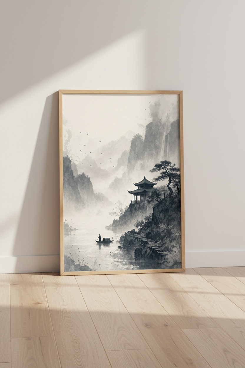 Chinese Ink Landscape Wall Art | Zen Pagoda Mountain Poster, Minimalism Decor
