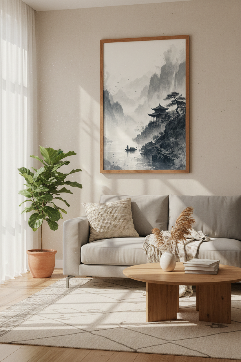 Chinese Ink Landscape Wall Art | Zen Pagoda Mountain Poster, Minimalism Decor