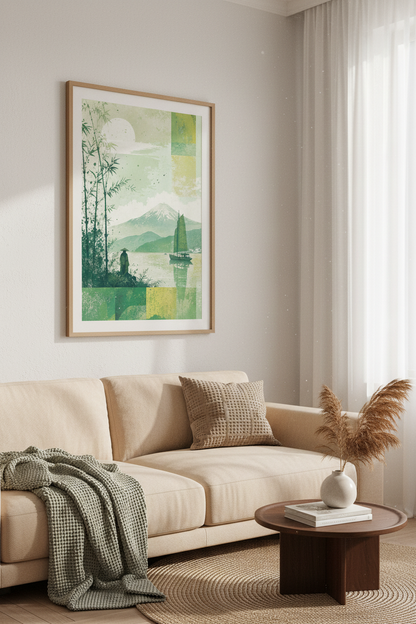 Japanese Mountain Landscape Wall Art | Green Zen Poster, Office Decor Art