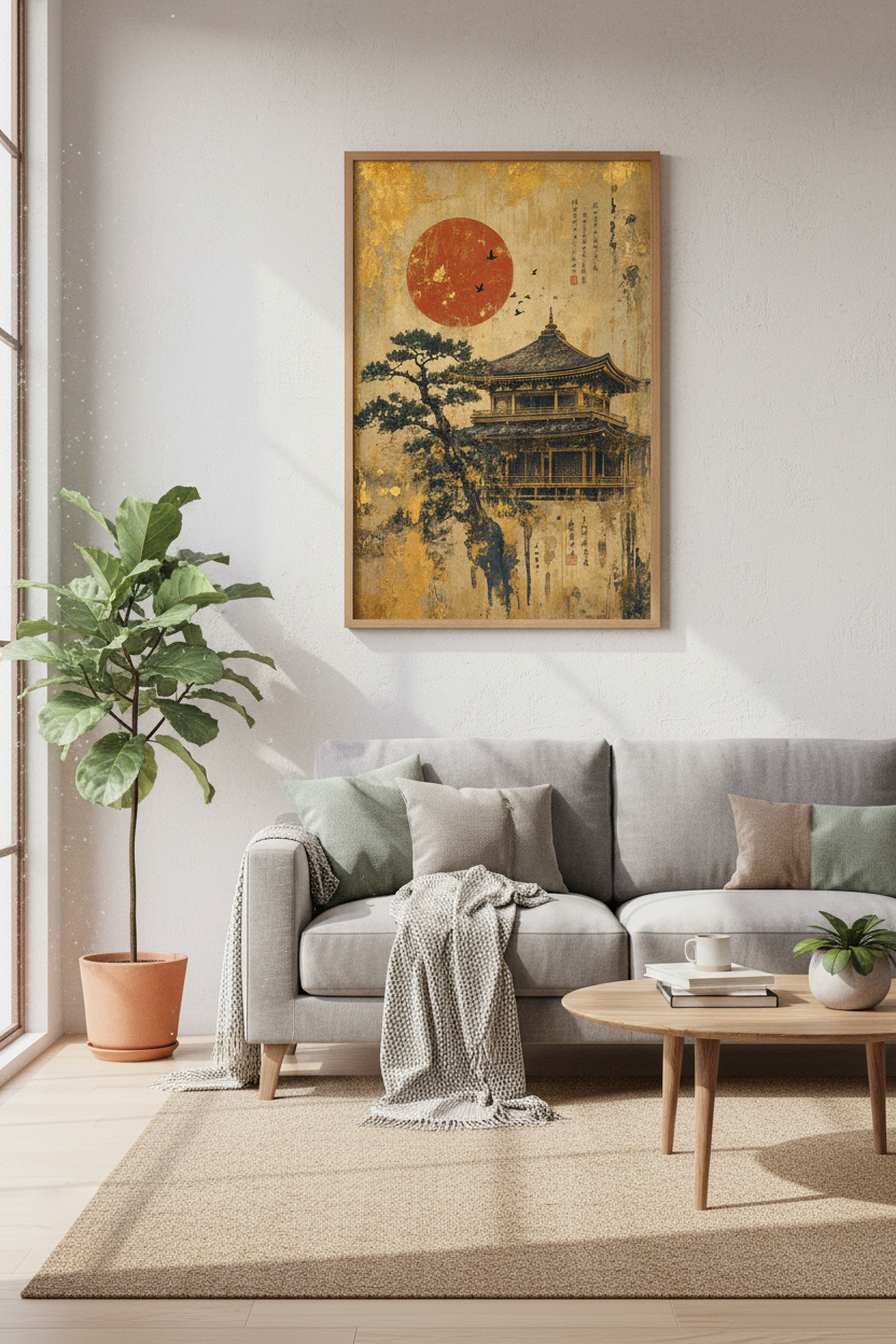 Japanese Pagoda | Gold Leaf &amp; Red Sun Art, Zen Temple Decor Art Print