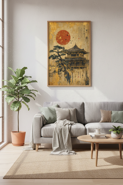 Japanese Pagoda | Gold Leaf &amp; Red Sun Art, Zen Temple Decor Art Print