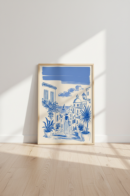 Mediterranean Coast Wall Art | Blue Sketch Travel Poster, Greek Island Decor