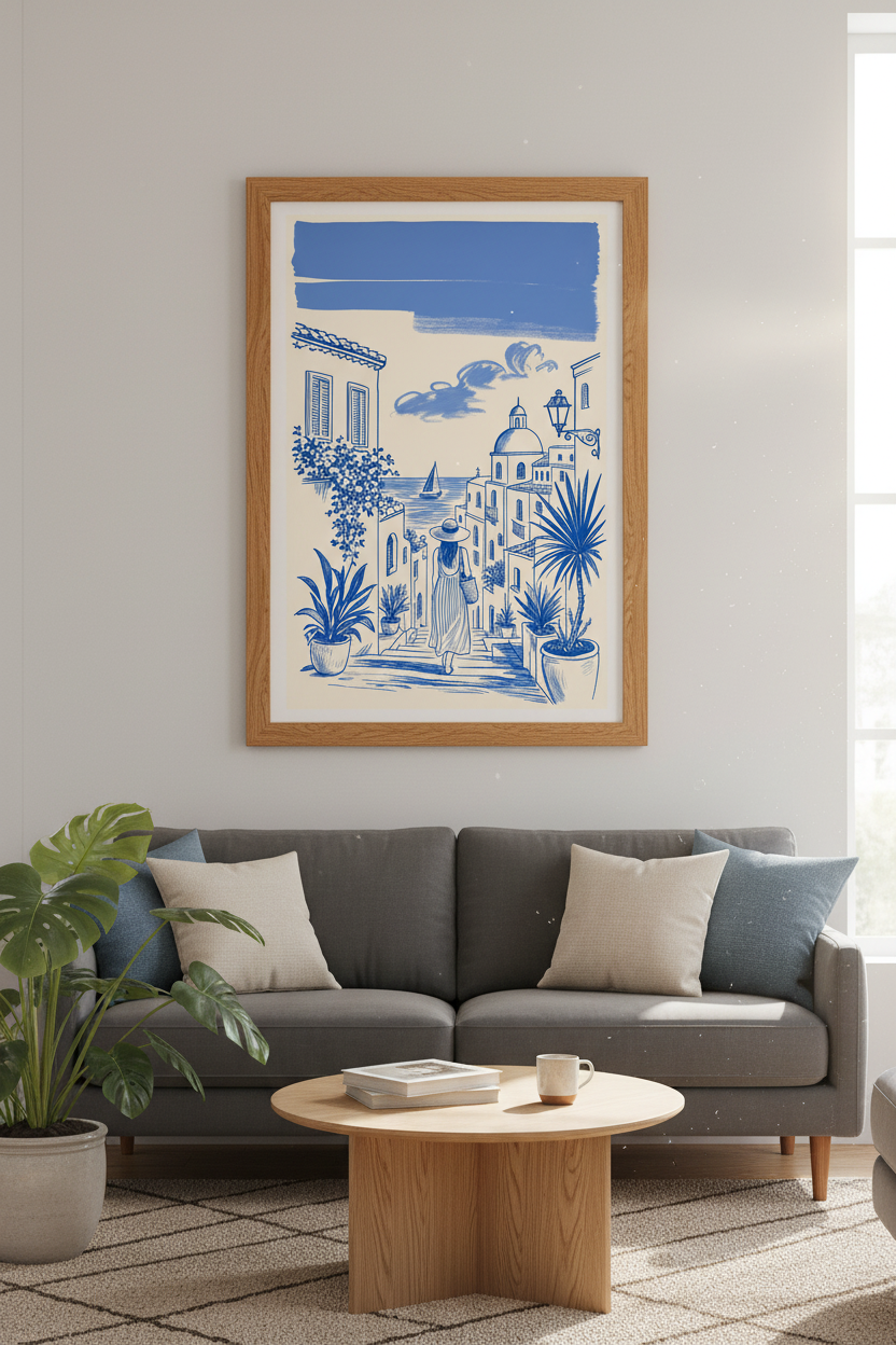 Mediterranean Coast Wall Art | Blue Sketch Travel Poster, Greek Island Decor