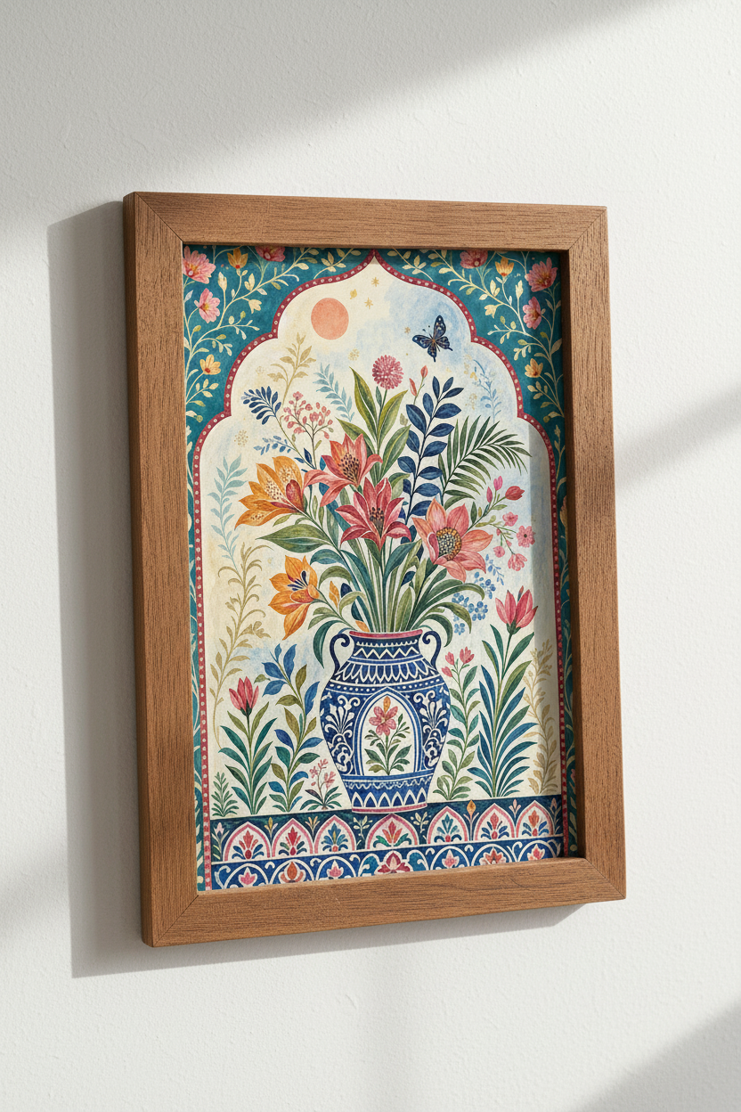 Folk Art Floral Vase Art Print | Boho Botanical Decor | Teal &amp; Coral Poster