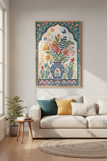 Folk Art Floral Vase Art Print | Boho Botanical Decor | Teal &amp; Coral Poster