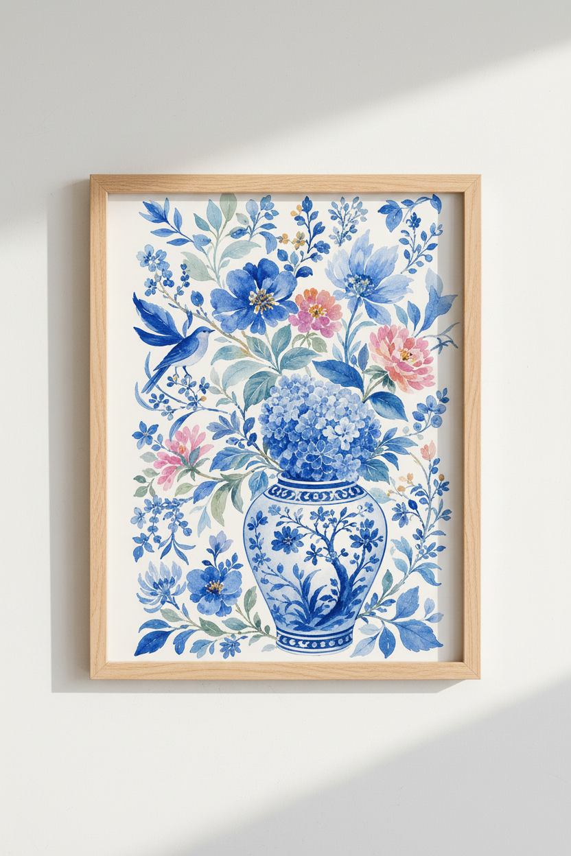 Blue Floral Art Print | Chinoiserie Ginger Jar Decor | Grandmillennial Watercolor Poster