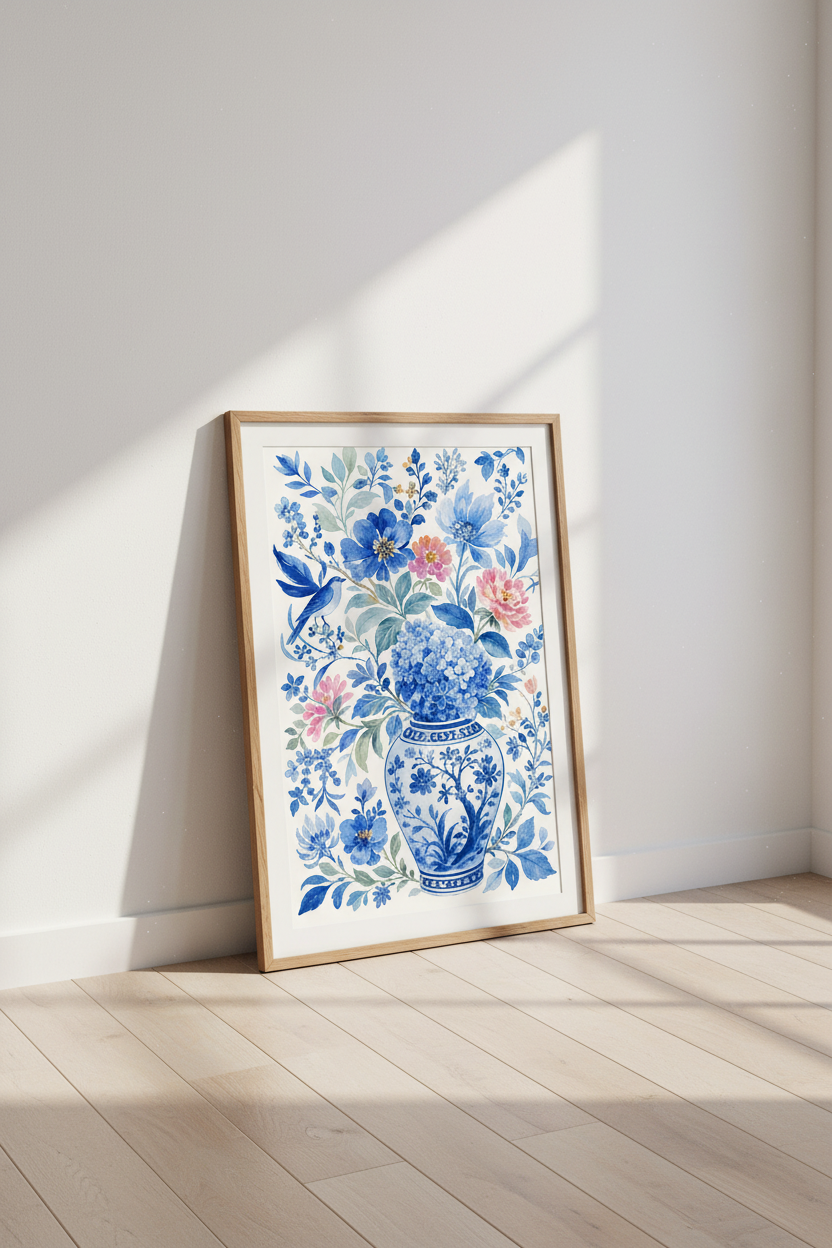 Blue Floral Art Print | Chinoiserie Ginger Jar Decor | Grandmillennial Watercolor Poster