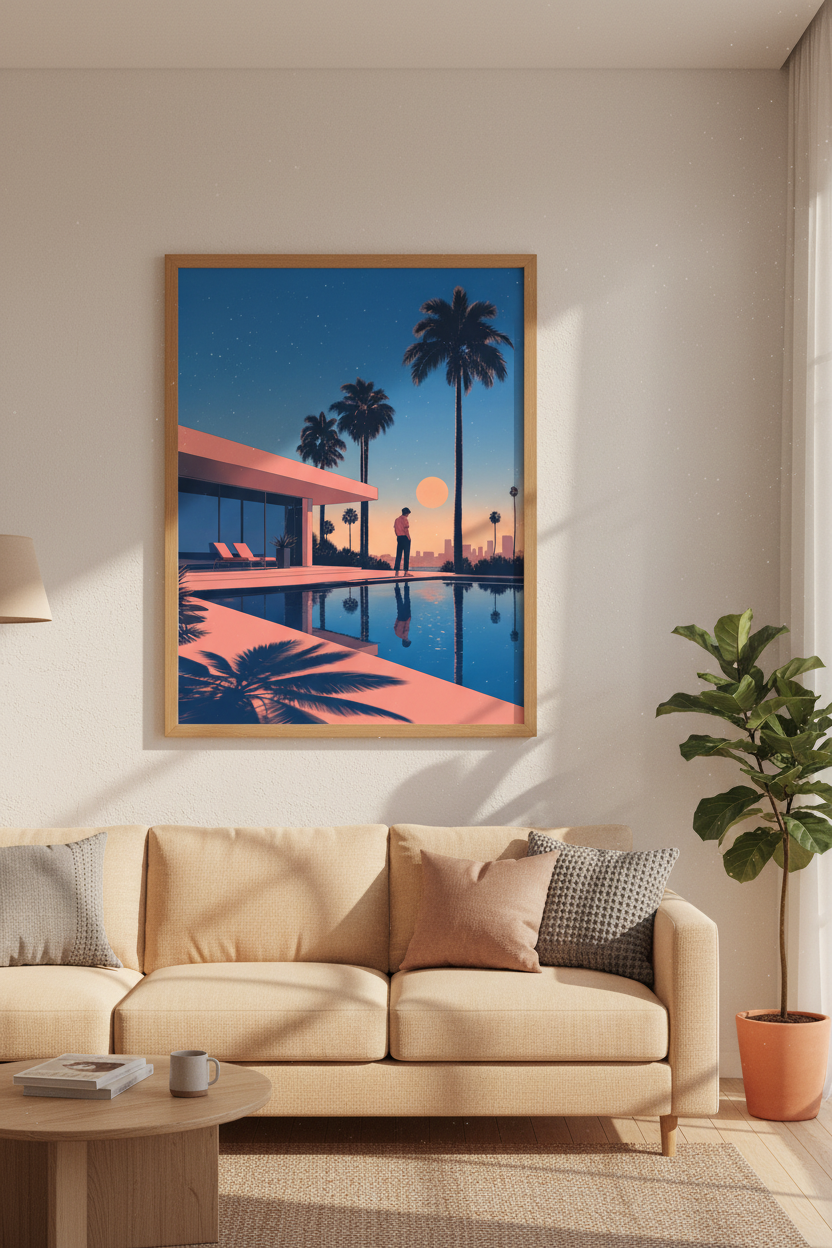 Retro Sunset Pool Wall Art | Blue Coral Poster, Mid Century Modern Decor