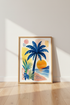Abstract Palm Tree Wall Art | Blue & Yellow Coastal Watercolor | Beach House Decor Poster
