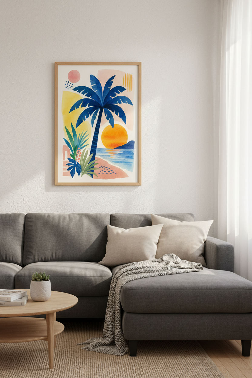 Abstract Palm Tree Wall Art | Blue &amp; Yellow Coastal Watercolor | Beach House Decor Poster